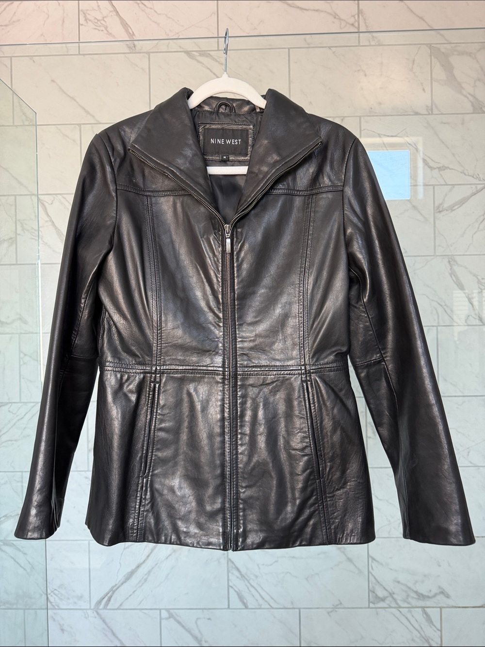 Nine West Black Leather Zip-Up Jacket with Tailored Seams